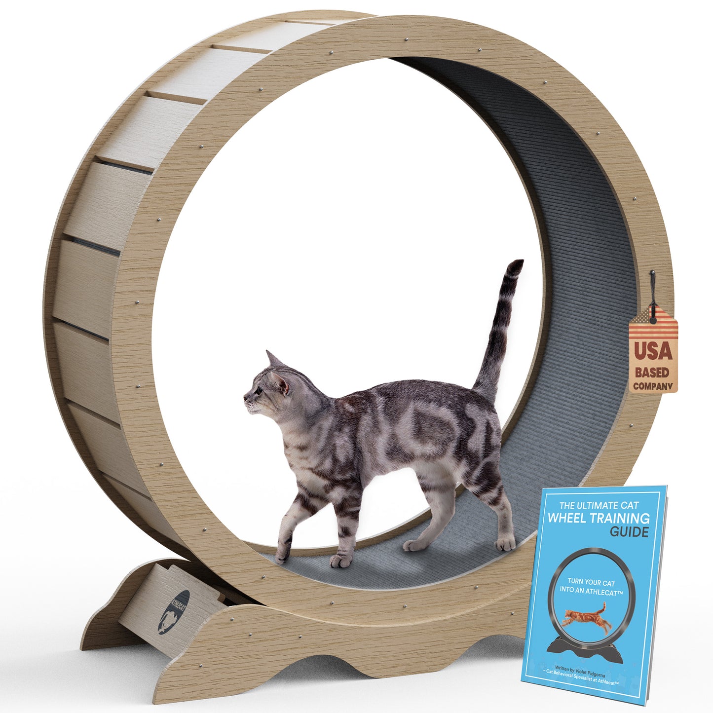 Cat exercise wheel made of wood with training guide 